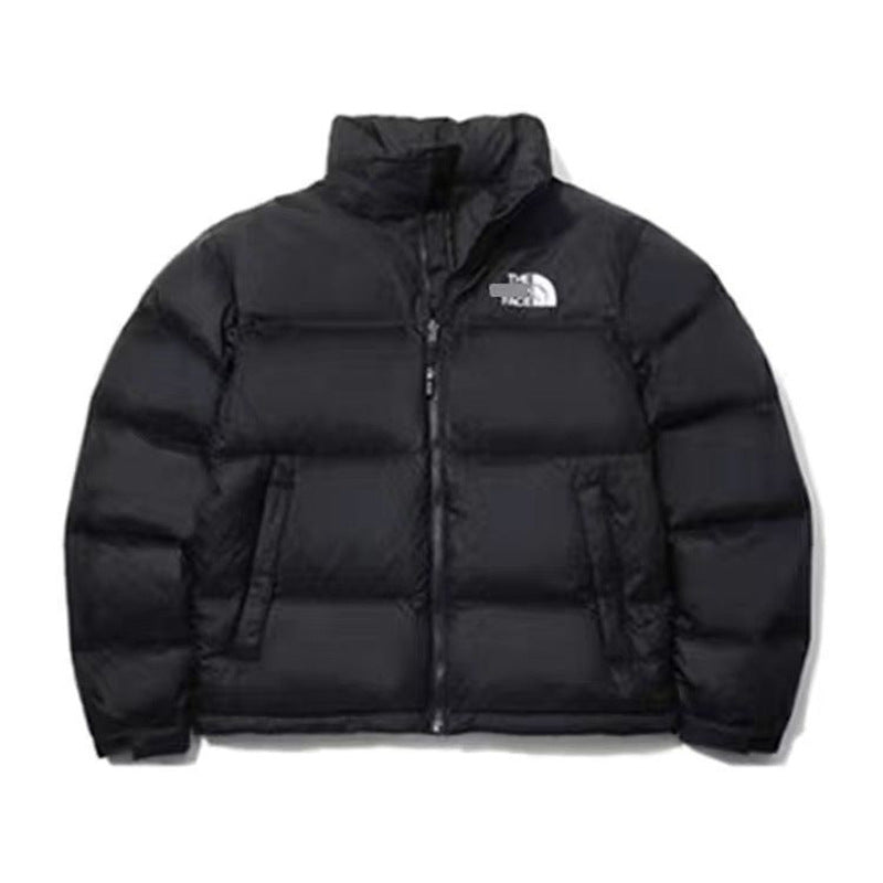 Black quilted puffer jacket with stand-up collar and side-entry pockets