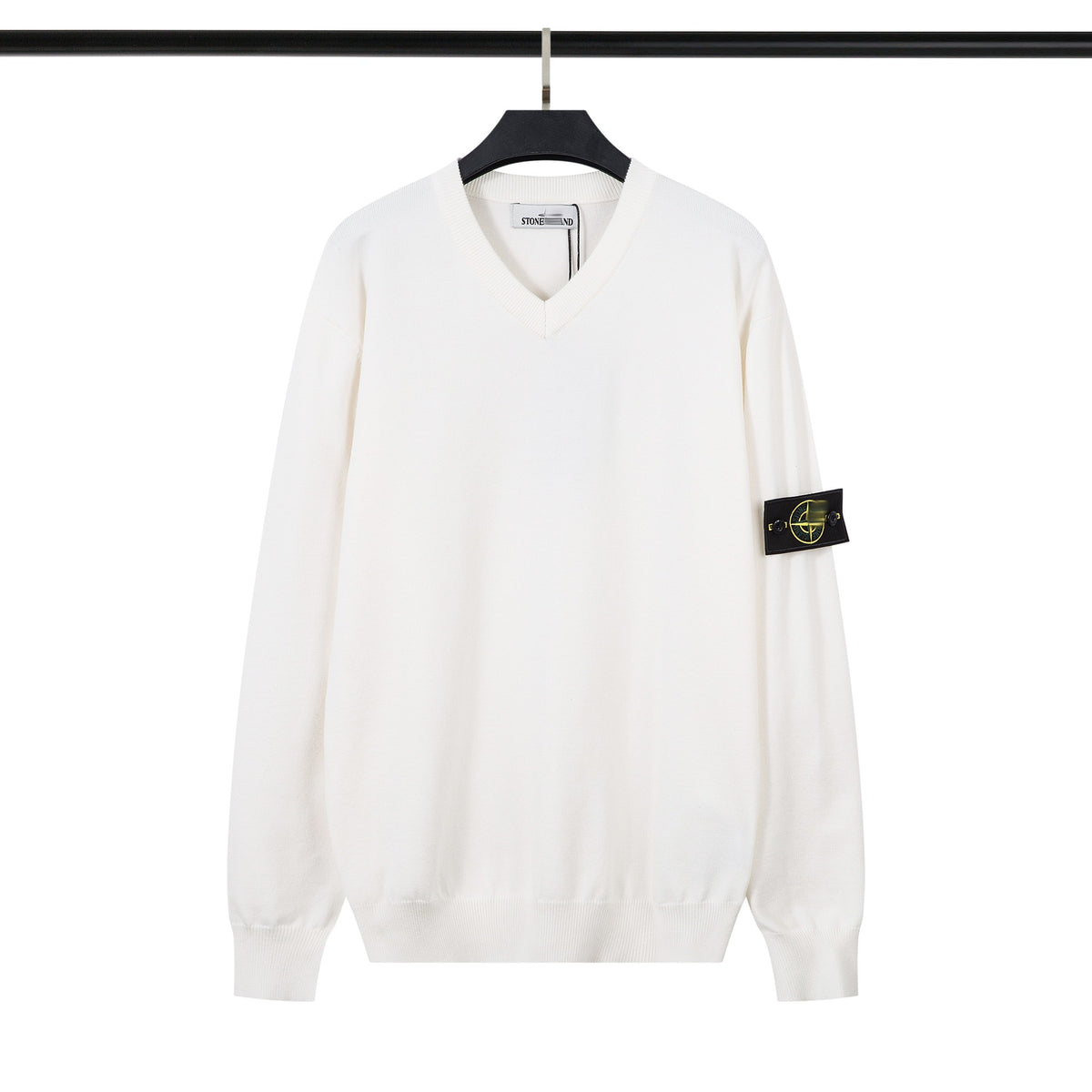 Ribbed Wool Crew Neck Sweatshirt in Light Gray with Embroidered Sleeve Detail