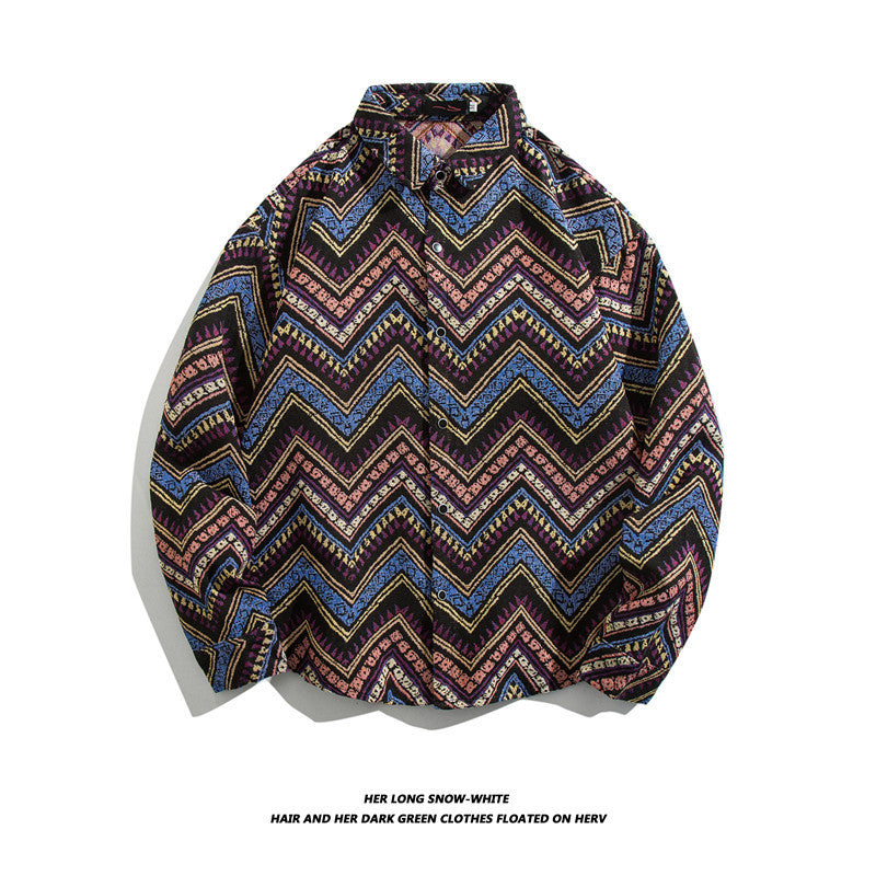 Oversized geometric tribal print button-up shirt