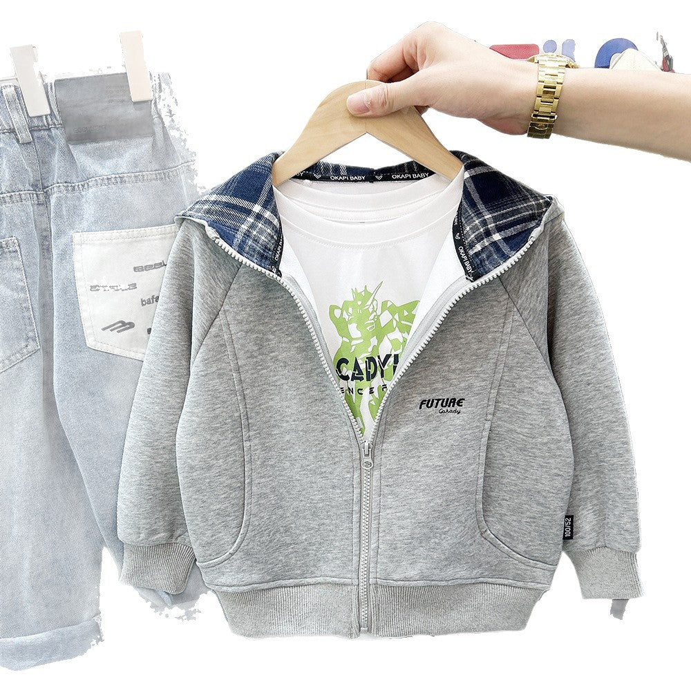 Gray or Navy Hooded Windproof Jacket with Check-Lined Interior