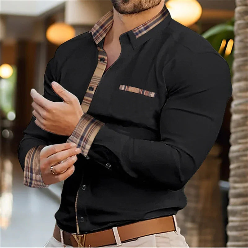Minimalist long sleeve button-up shirt with plaid collar and cuffs