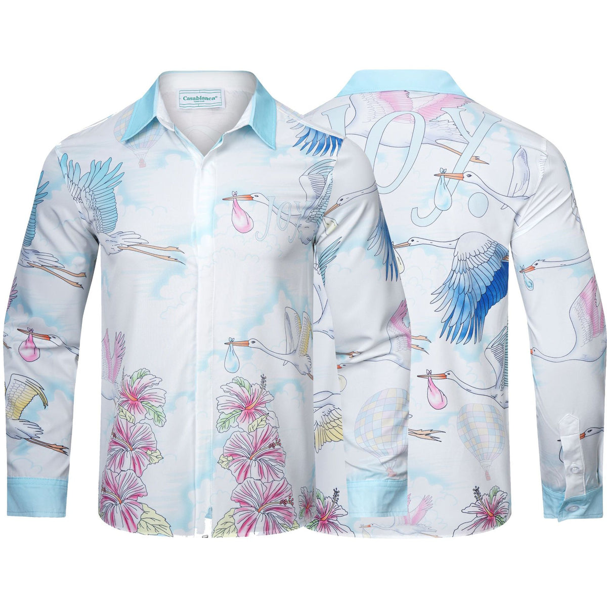 Long-sleeve checkered shirt with tropical graphic print and pastel trim