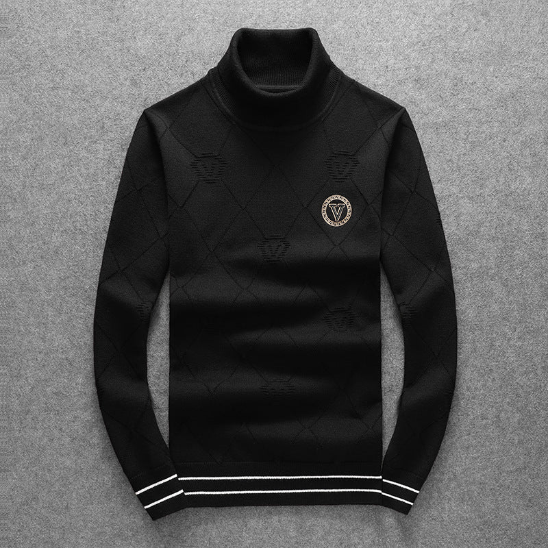 Black or Red Diamond-Pattern Turtleneck Wool Sweater