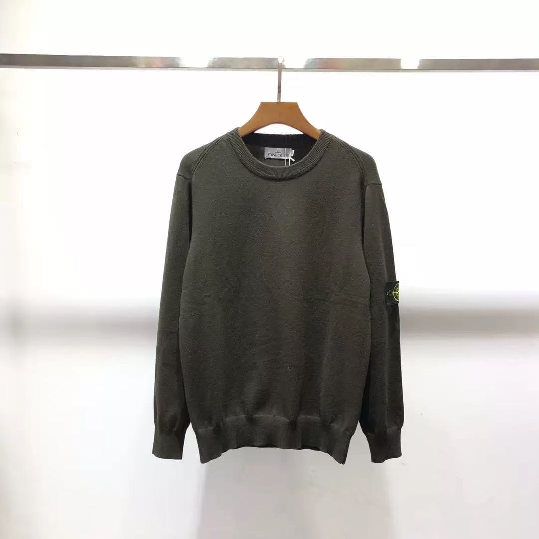 Ribbed Wool Crew Neck Sweatshirt in Light Gray with Embroidered Sleeve Detail