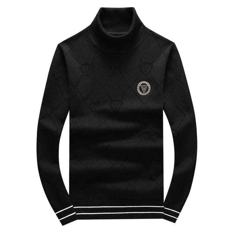 Black or Red Diamond-Pattern Turtleneck Wool Sweater