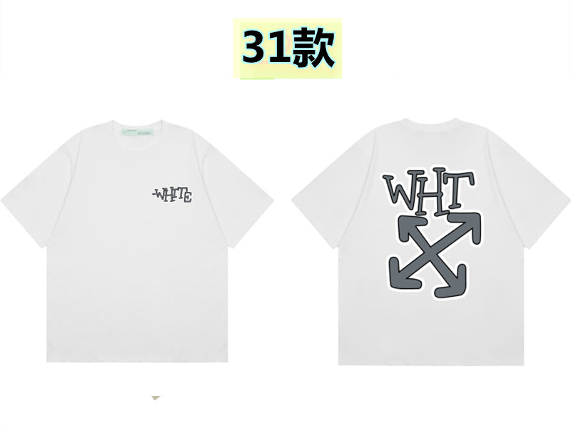 Round neck short sleeve cotton t-shirt with front 'Off' print and large back arrow graphic