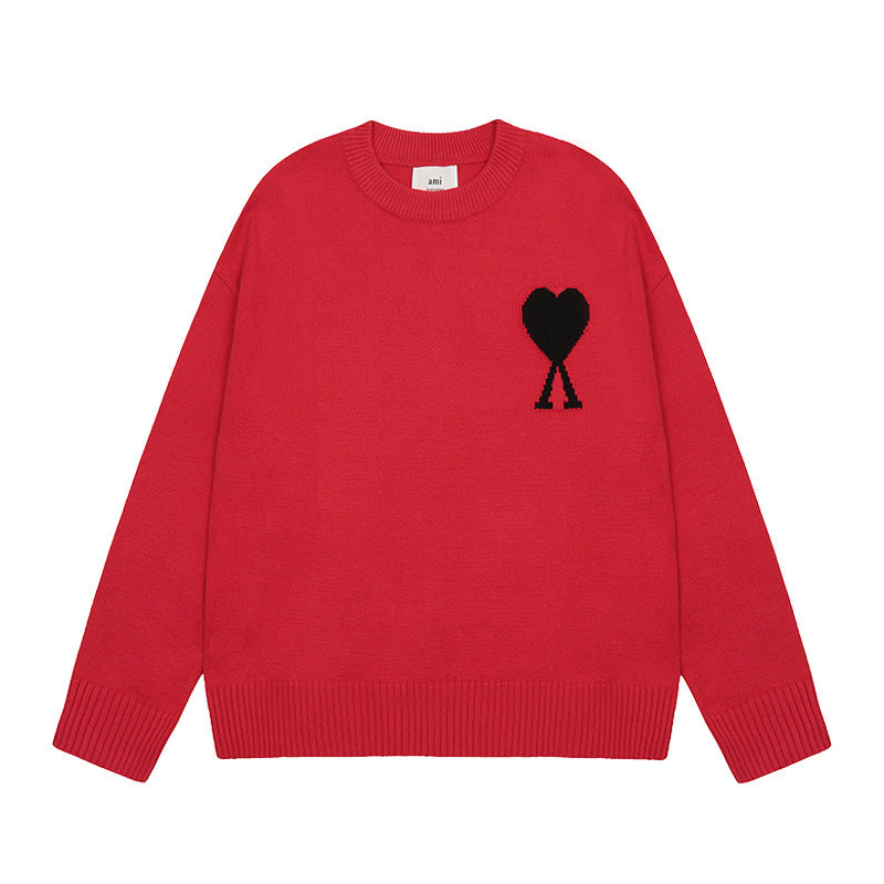 Men's round neck knit sweater with heart embroidery