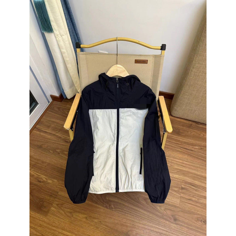 Color-block navy and beige hooded windbreaker jacket