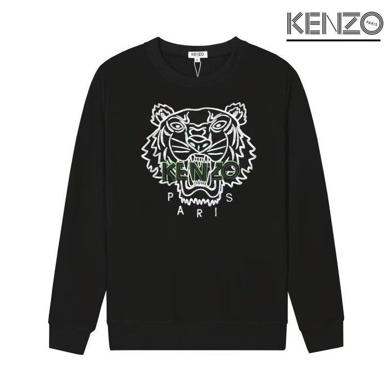 Black Terry Crewneck Sweatshirt with Embroidered Tiger Motif