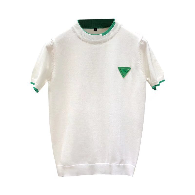 White Black Green Relaxed-Fit Knit Sweater with Ribbed Crew Neck