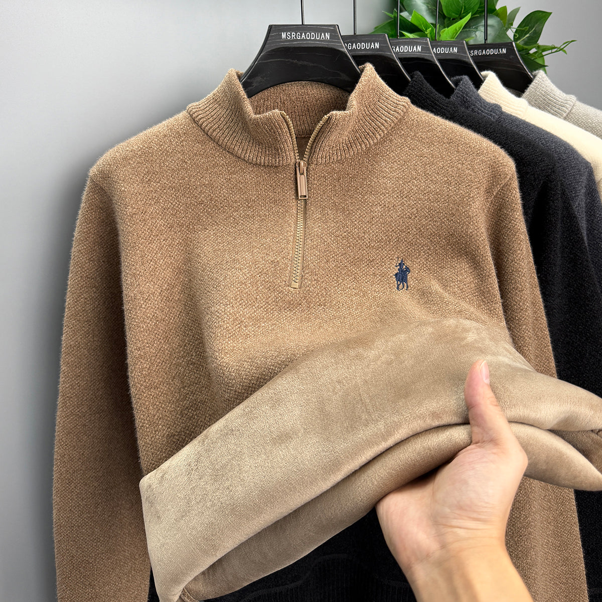 Camel Rib-Knit Half-Zip Sweater with Textured Cable Pattern
