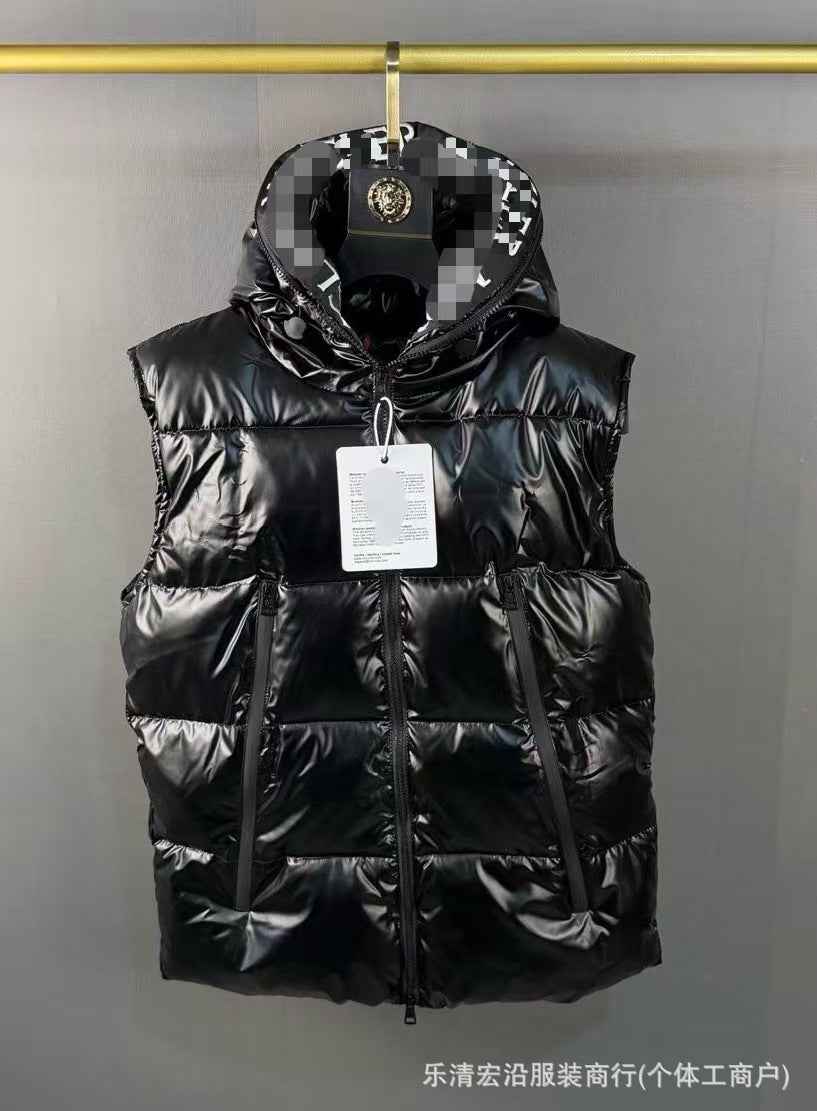 Ribbed Black Puffer Vest with Diagonal Zipper and Stand Collar