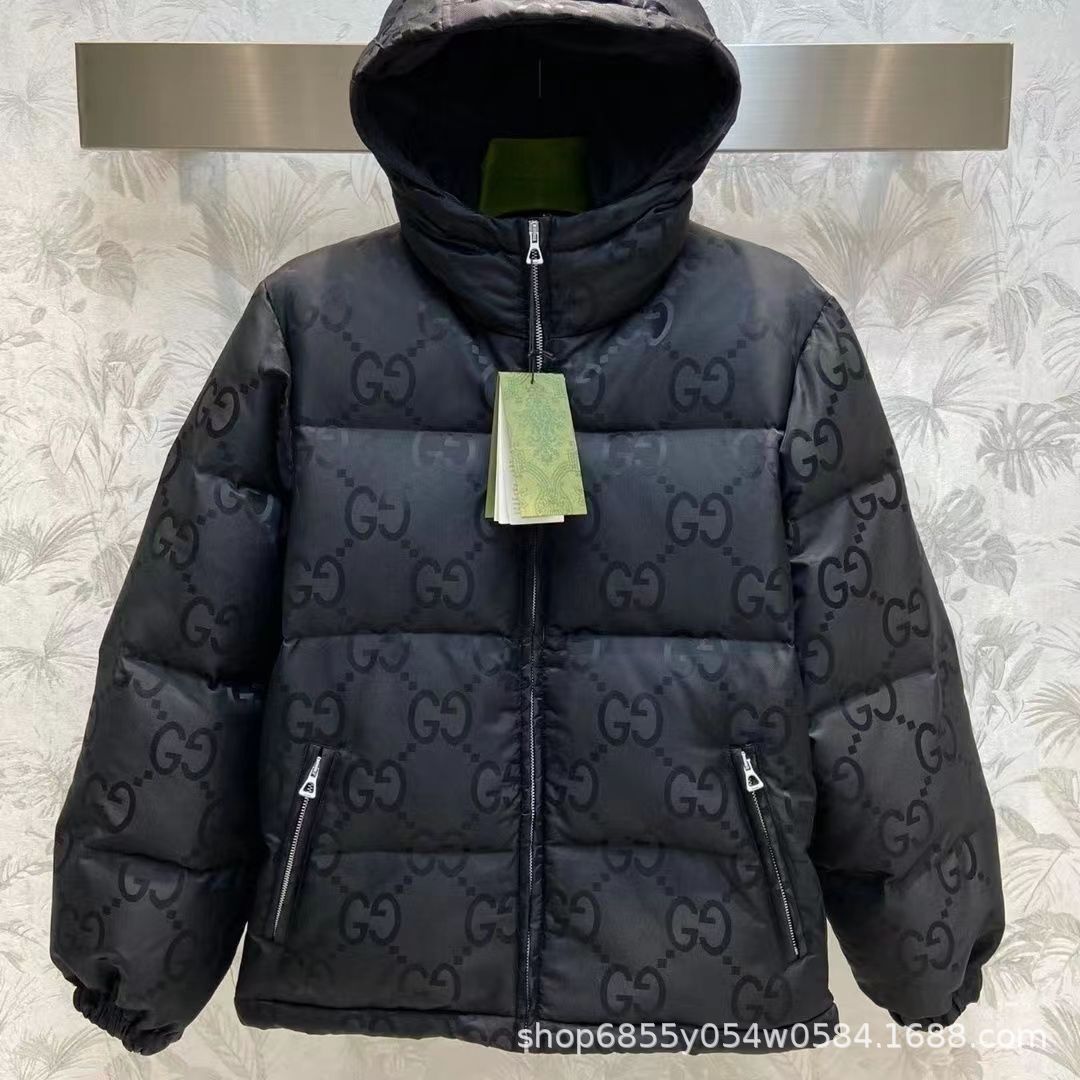 Black Hooded Down Jacket with Full-Zip Front and Adjustable Drawcord