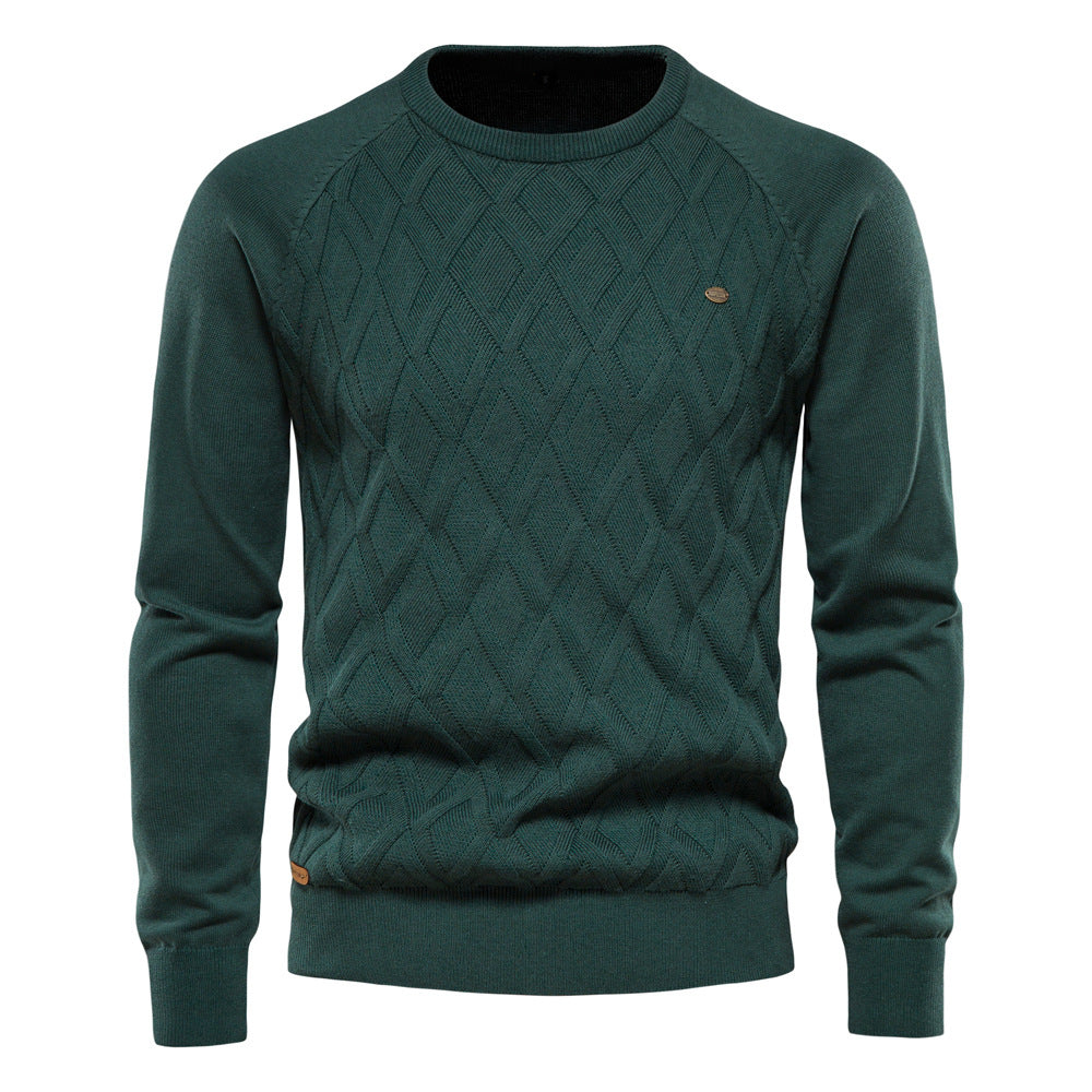 Diamond-Knit Cotton Crewneck Sweater in Khaki, Black, Green, Blue, Red, or Brown