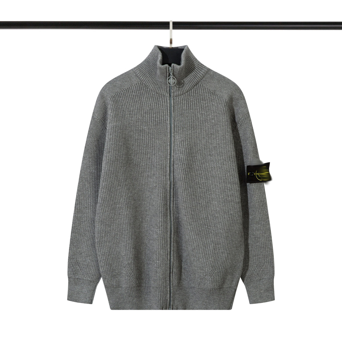 Ribbed Wool Crew Neck Sweatshirt in Light Gray with Embroidered Sleeve Detail