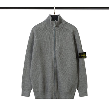 Ribbed Wool Crew Neck Sweatshirt in Light Gray with Embroidered Sleeve Detail