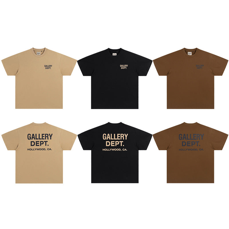 Cotton Crew Neck T-Shirt with Retro Letter Print in Solid Colors