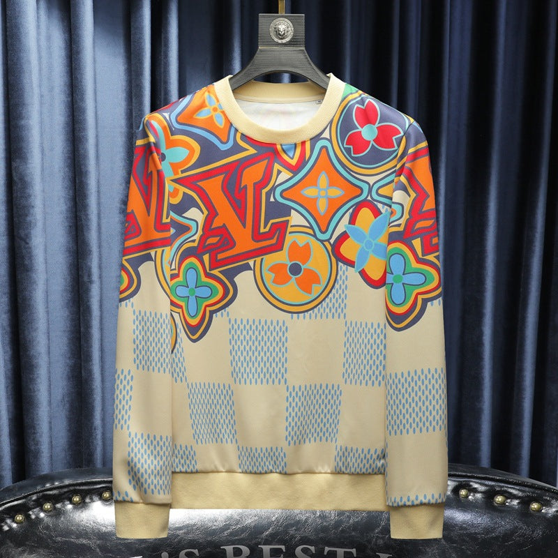 Floral and star print sweatshirt with blue check lower half