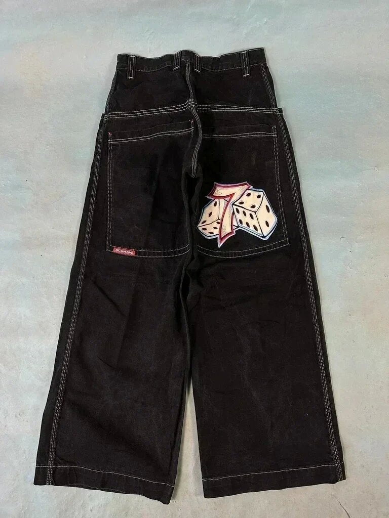 Baggy denim jeans with embroidered back pocket graphics