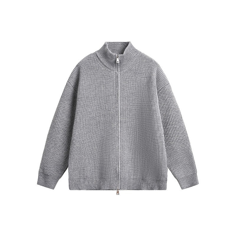 Men's Gray Chunky Ribbed Knit Zip-Up Cardigan with Stand Collar and Long Sleeves – Loose Casual Sweater Jacket