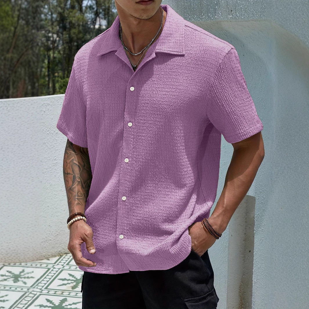 Textured Knit Short-Sleeve Collarless Shirt in Solid Colors