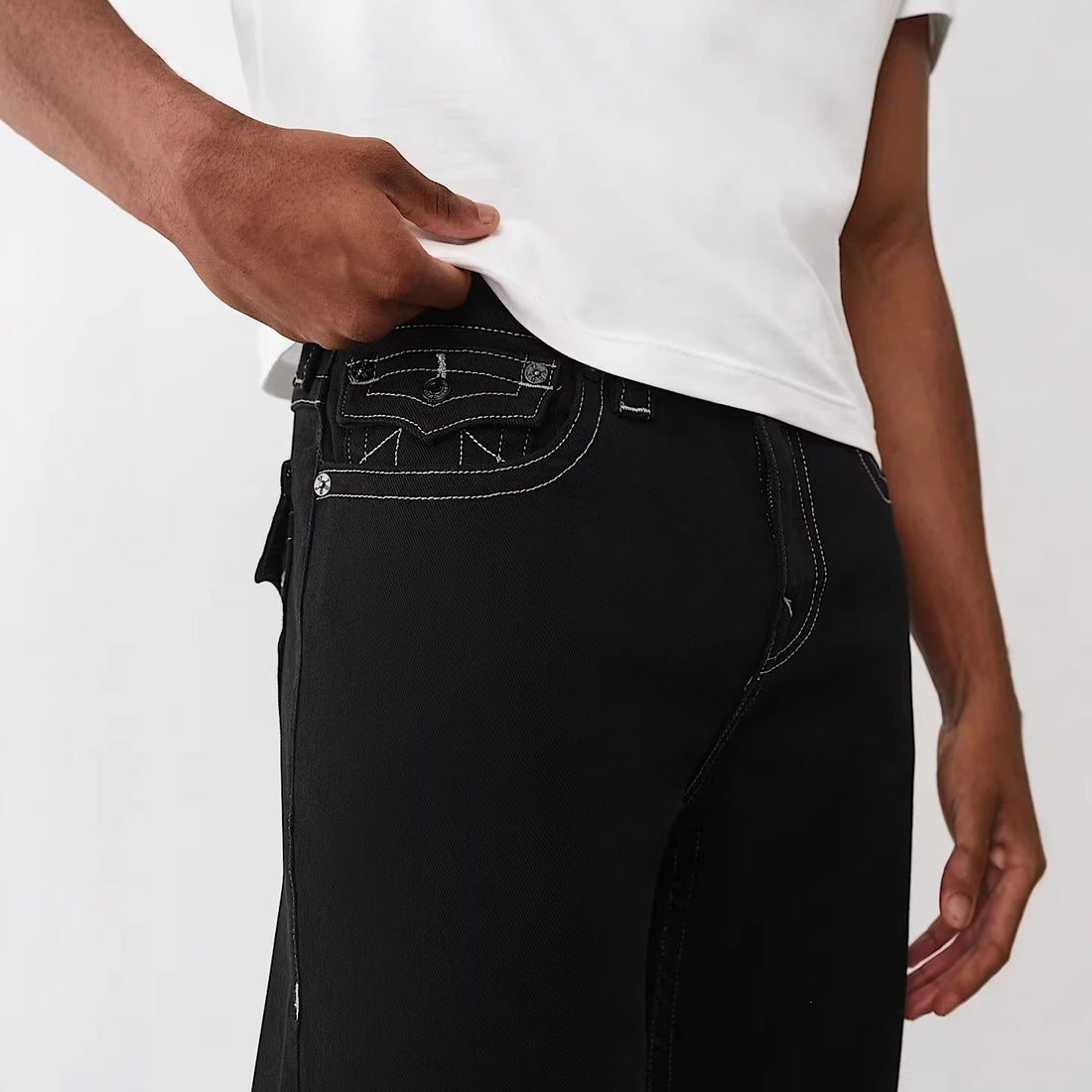 Black and White Embroidered Straight Leg Denim Jeans