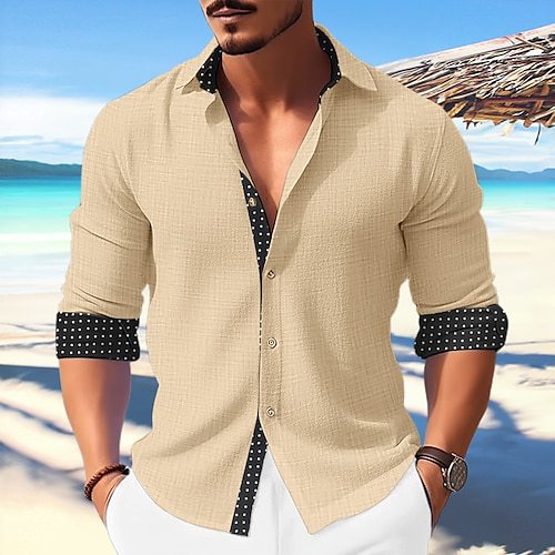 Minimalist long sleeve button-up shirt with plaid collar and cuffs