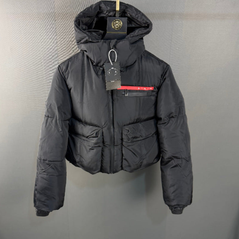 Black glossy quilted puffer jacket with ribbed collar and zip closure