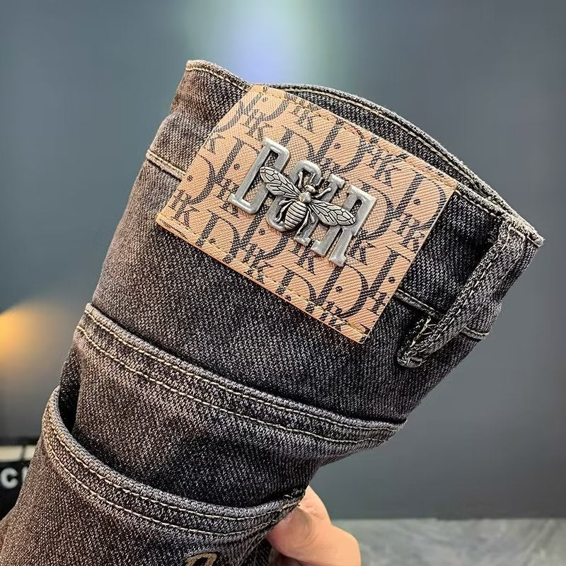 Dark Gray Stretch Denim Slim-Fit Jeans with Subtle Embroidered Detail