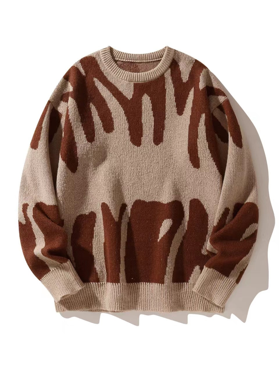 Men's Jacquard Knit Pullover Sweater - Loose Fit Crew Neck Long Sleeve - Cream Coffee