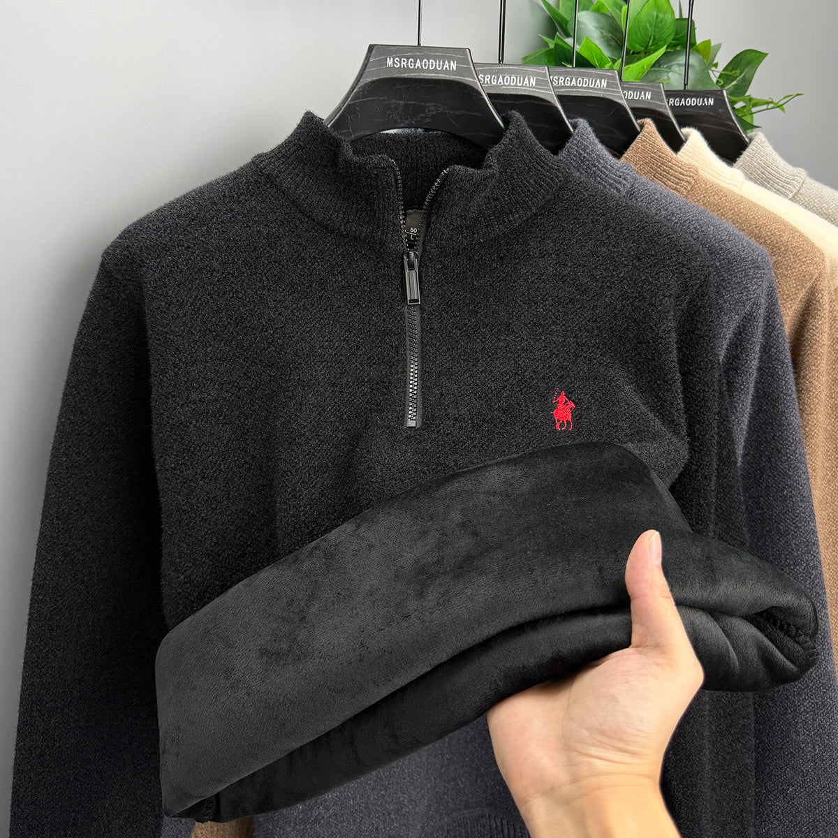 Camel Rib-Knit Half-Zip Sweater with Textured Cable Pattern