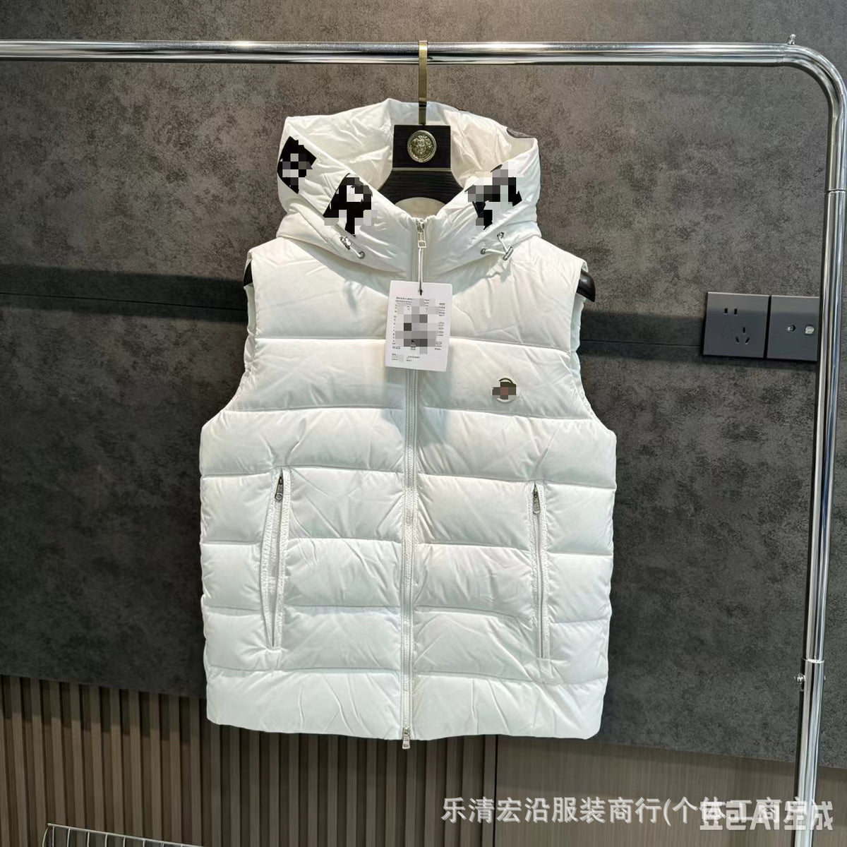 Ribbed Black Puffer Vest with Diagonal Zipper and Stand Collar