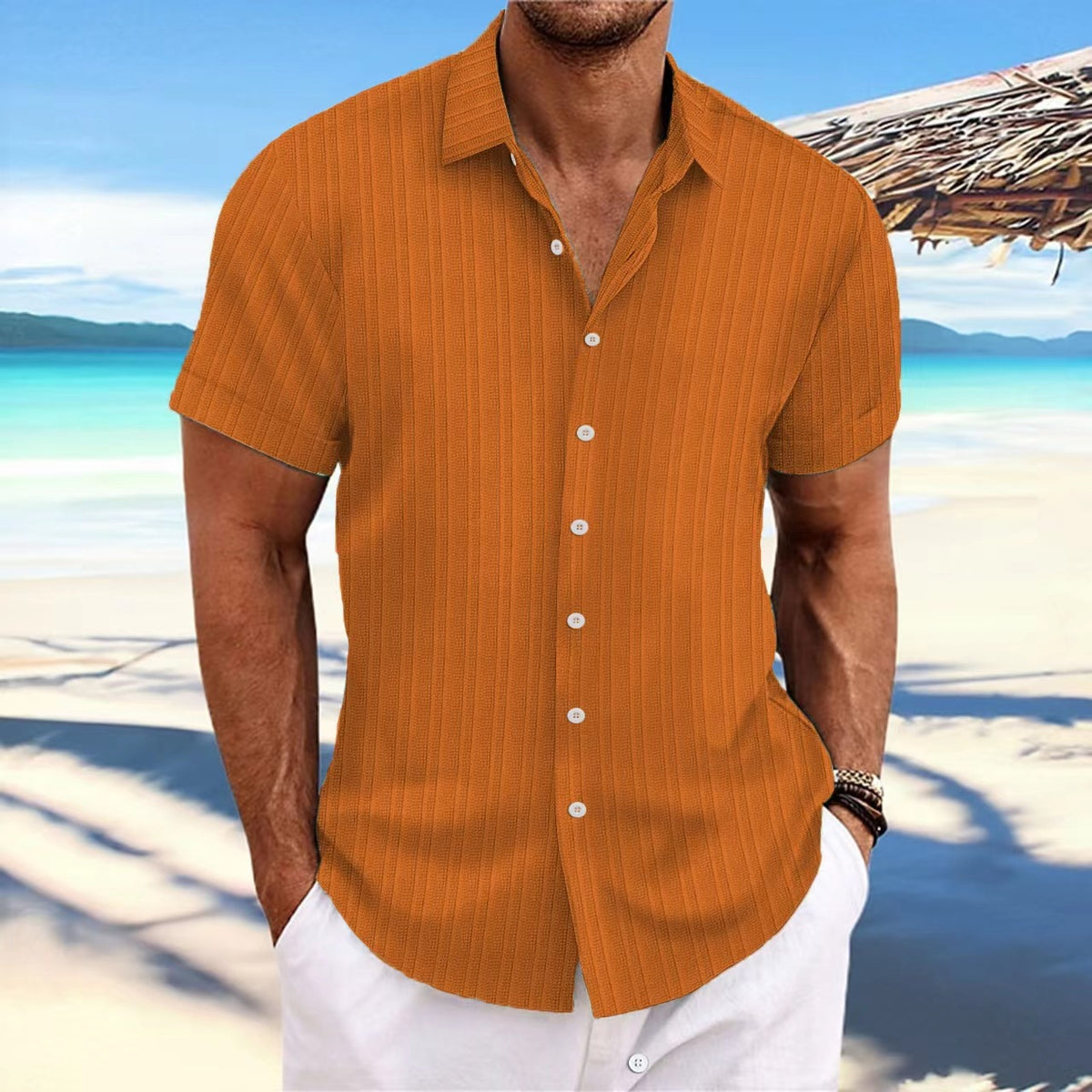 Jacquard striped short-sleeve cotton linen shirt