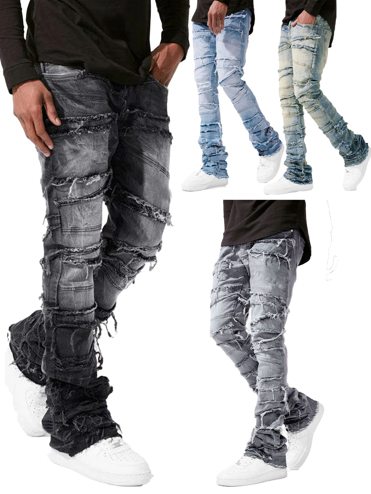 Distressed Patchwork Denim Straight Leg Jeans