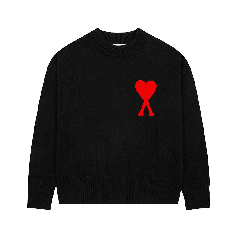 Men's round neck knit sweater with heart embroidery