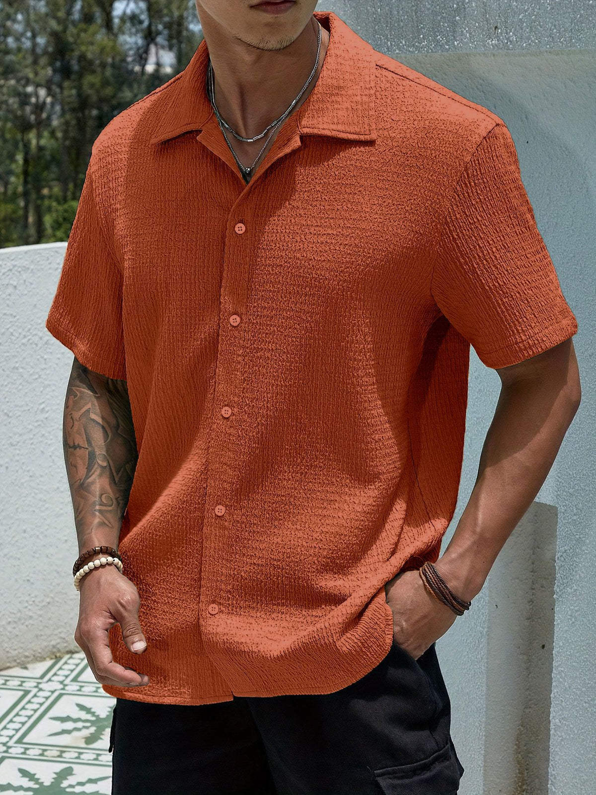 Textured Knit Short-Sleeve Collarless Shirt in Solid Colors