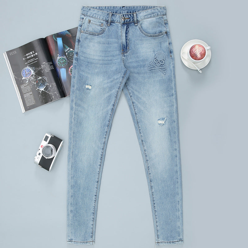 Light Wash Slim Fit Men's Jeans with Embroidered Back Pocket