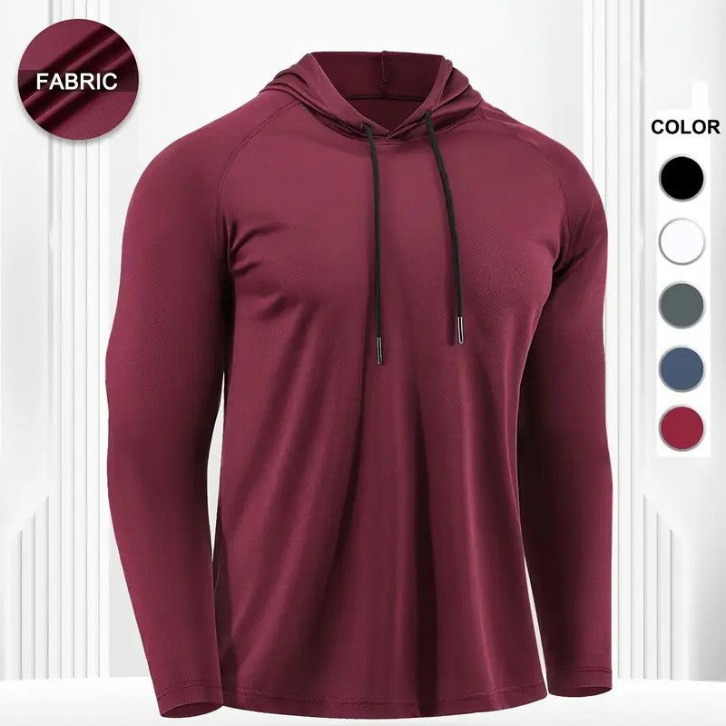 Men's Moisture-Wicking Long Sleeve Hooded Workout Top Solid Color Gym Fitness Shirt for Training Running and Outdoor Sports