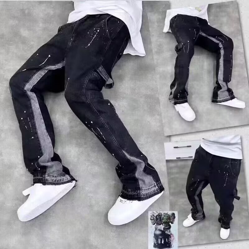 Black and Blue Paint-Splatter Side-Stripe Baggy Jeans