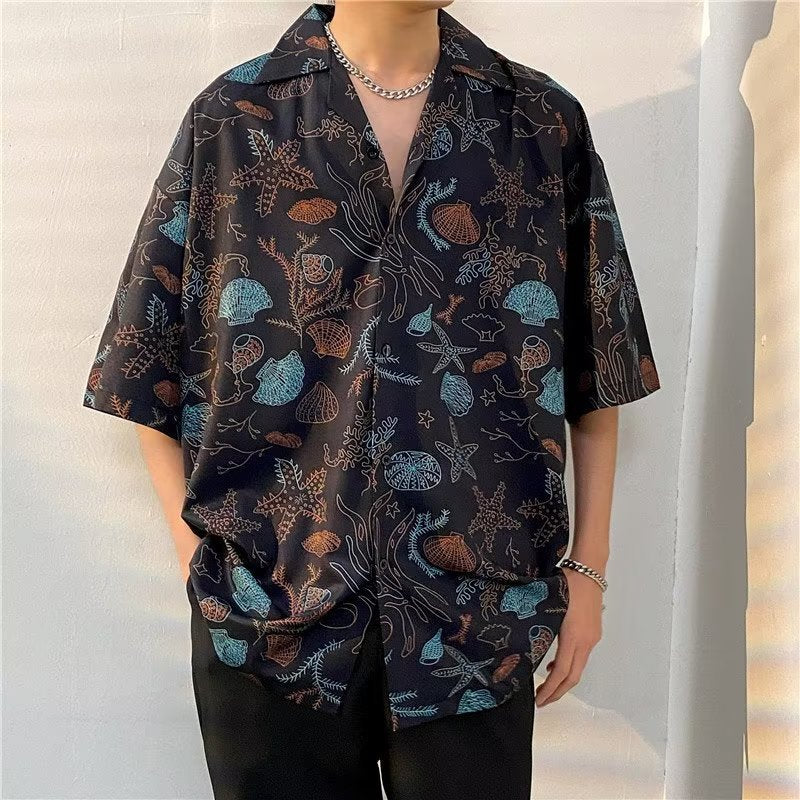 Tropical leaf print short sleeve button up shirt