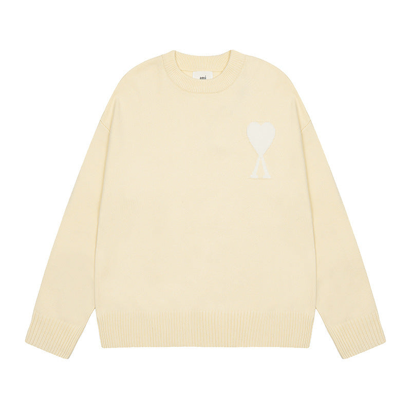 Men's round neck knit sweater with heart embroidery