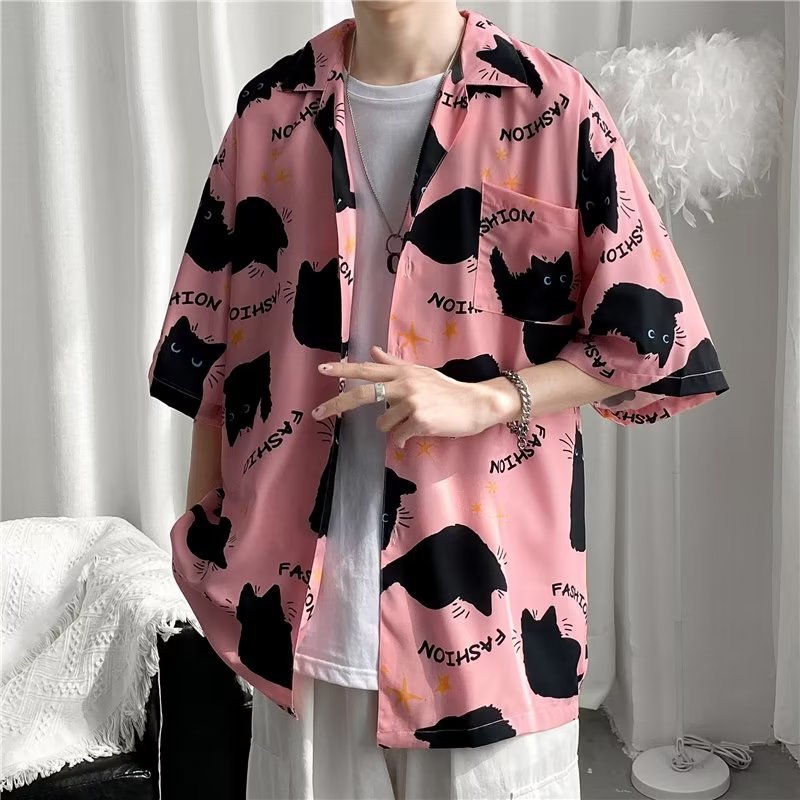 Tropical leaf print short sleeve button up shirt