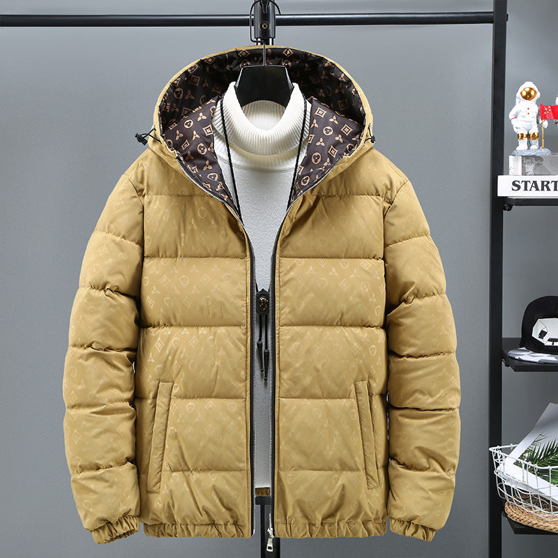 Black and Khaki Hooded Down Jacket with Floral Print