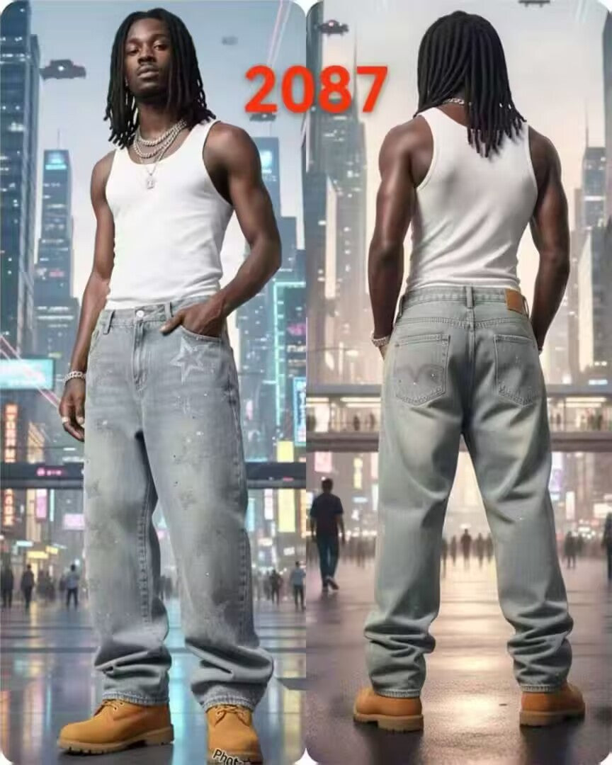 Black and Blue Paint-Splatter Side-Stripe Baggy Jeans