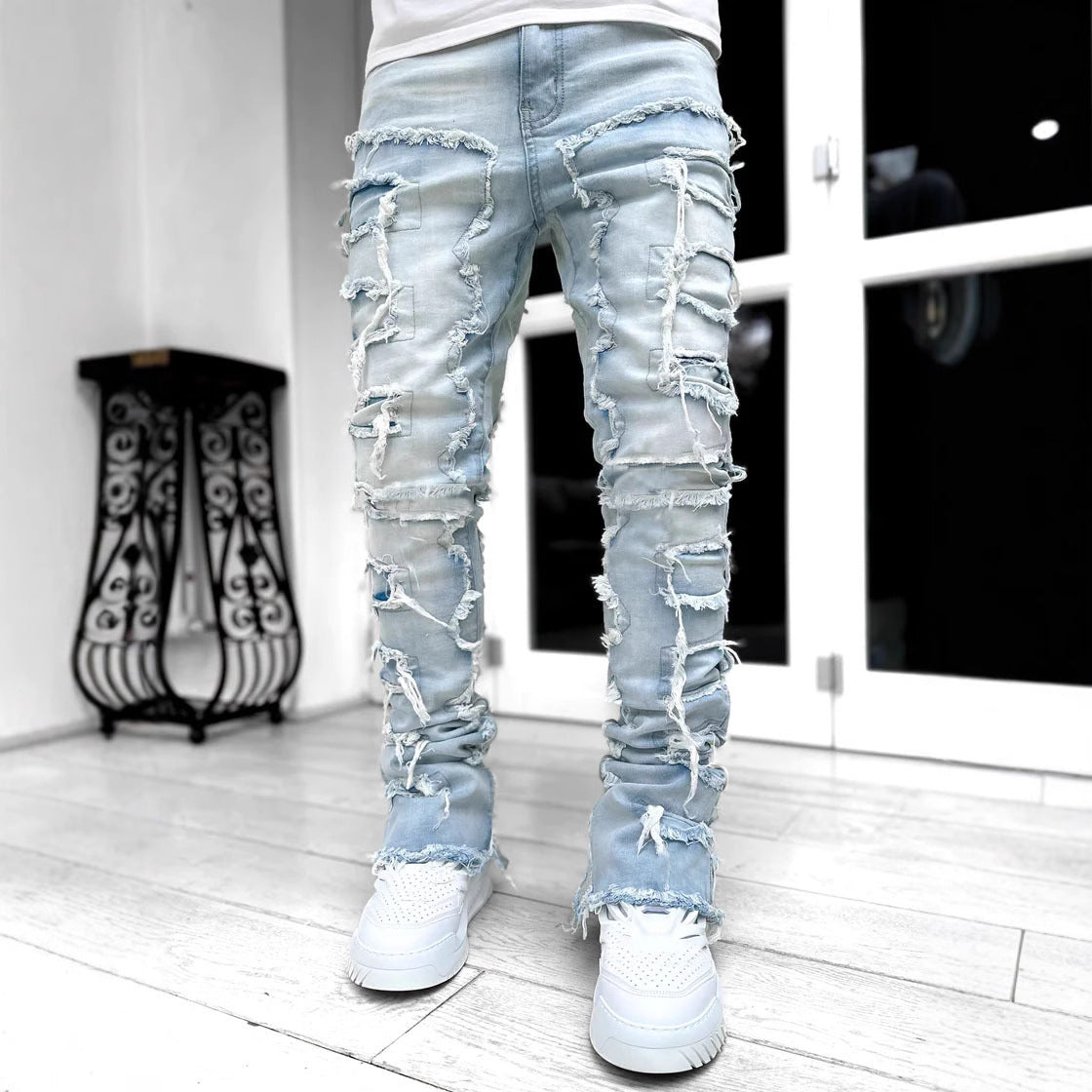 Light-Wash Distressed Straight-Cut Denim Pants