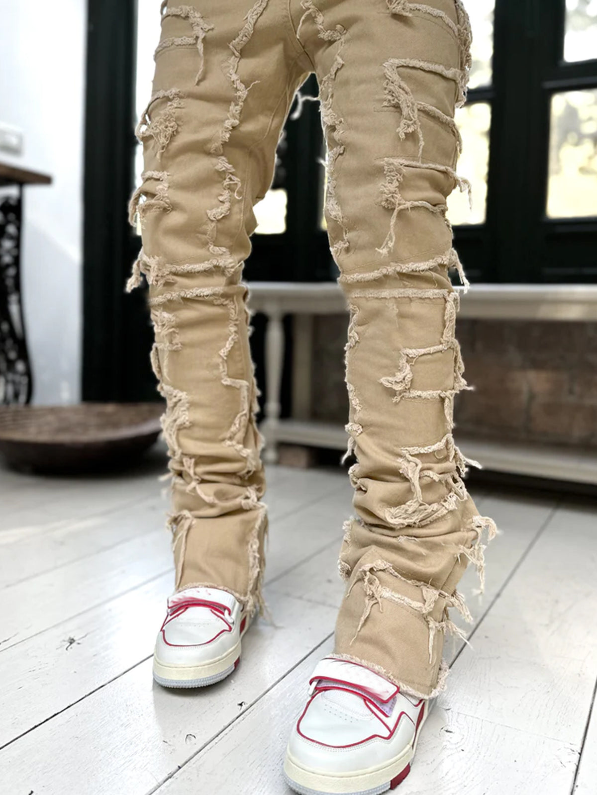 Light-Wash Distressed Straight-Cut Denim Pants