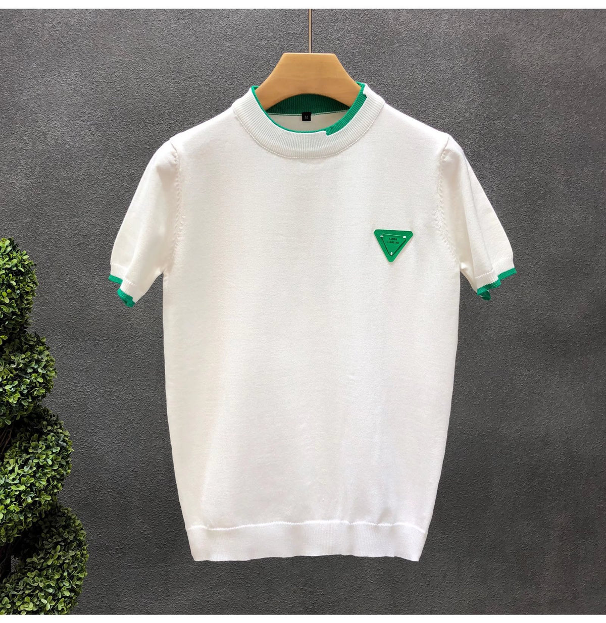White Black Green Relaxed-Fit Knit Sweater with Ribbed Crew Neck