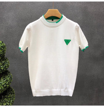 White Black Green Relaxed-Fit Knit Sweater with Ribbed Crew Neck