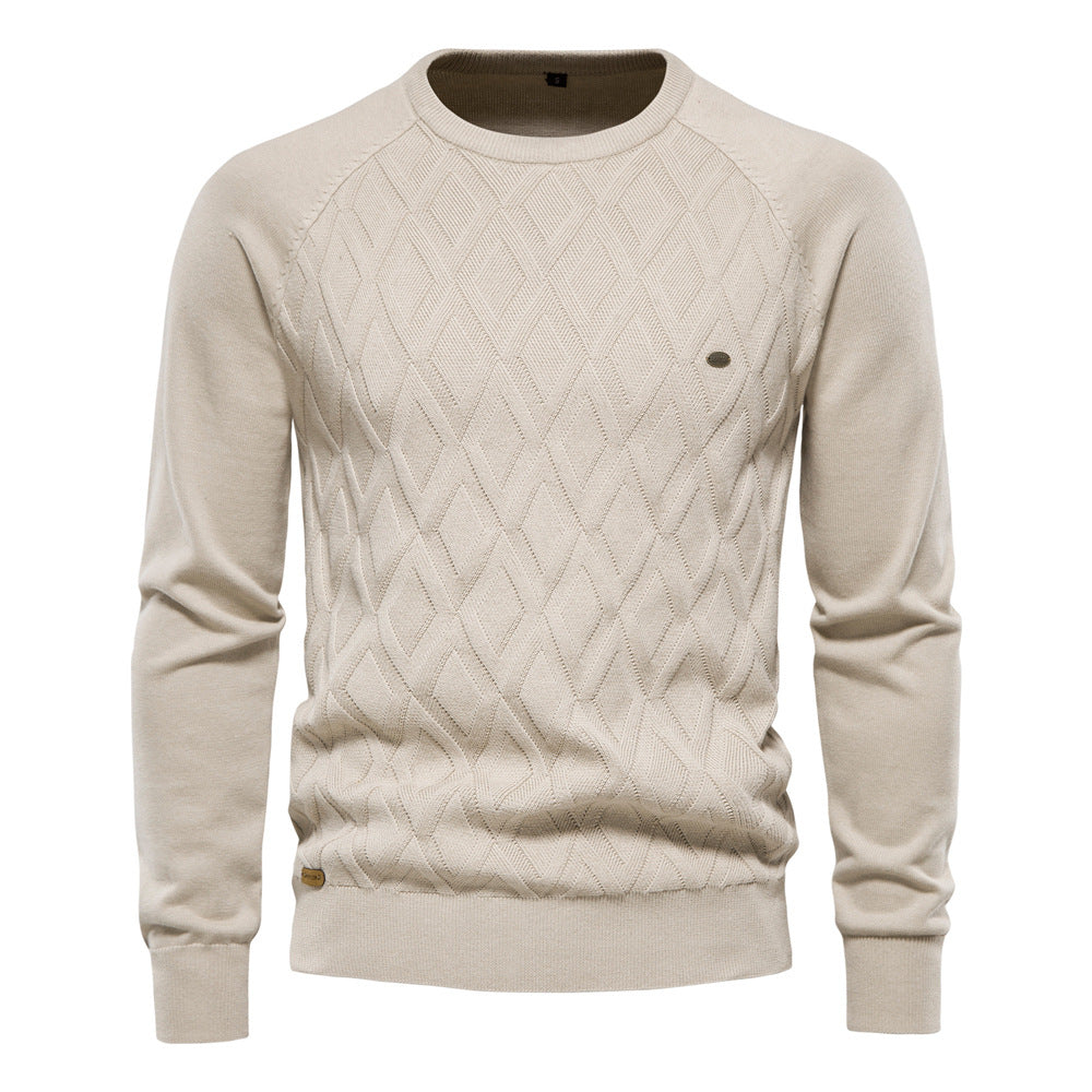 Diamond-Knit Cotton Crewneck Sweater in Khaki, Black, Green, Blue, Red, or Brown