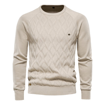 Diamond-Knit Cotton Crewneck Sweater in Khaki, Black, Green, Blue, Red, or Brown